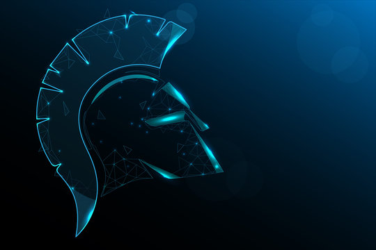 Helmet of the Spartan Warrior from lines and triangles, point connecting network on blue background. Copy space