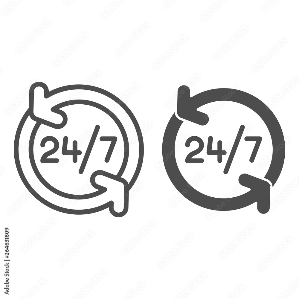Poster around the clock line and glyph icon. 24 hours service vector illustration isolated on white. open a