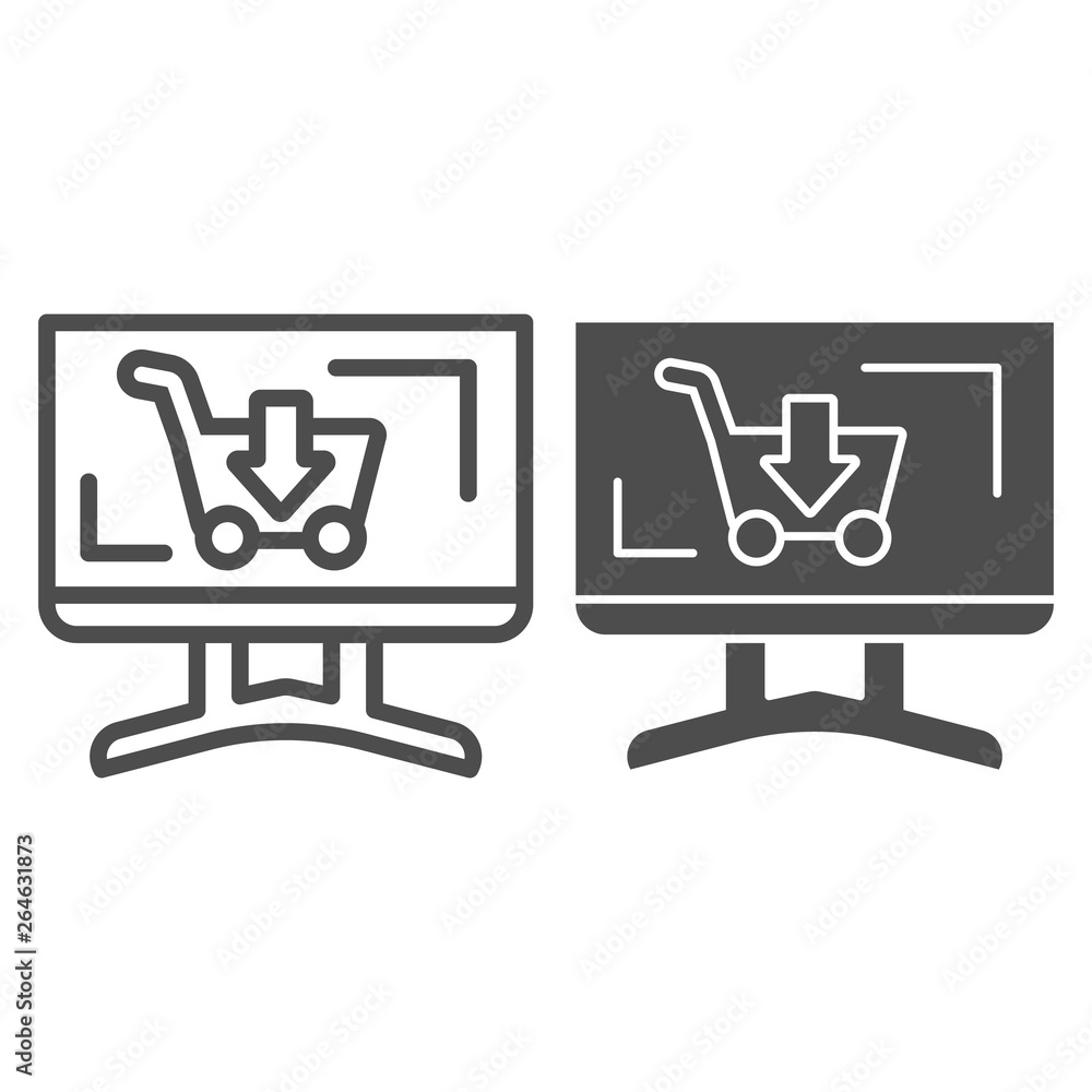 Poster computer display with cart line and glyph icon. monitor with shopping trolley vector illustration is
