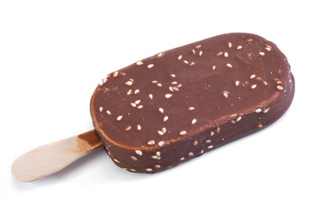 Chocolate, fruit, vanilla ice cream close up.