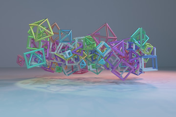 Bunch of triangle or square, flying, inter-locked, for design texture & background. 3D rendering.