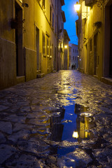 Street after rain in Rovinj with lamp refleciton in a puddle