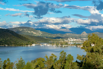 Obraz na płótnie Canvas Landscape with small greek islands and bays on Peloponnese, Greece near Nafplio town, summer vacation destination