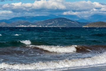 Dramatic view on dark stormy sea on Peloponnese, Greece