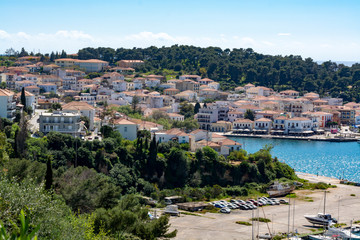 Fototapeta na wymiar Pylos, with historically name Navarino, seaport town in Messenia, Peloponnese, Greece, main harbour on Bay of Navarino, holiday destination for eco tourism and water sport.
