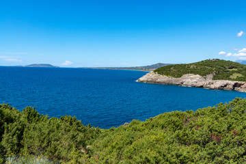 Fototapeta na wymiar Landscape with small greek islands and bays of Navarino on Peloponnese, Greece, summer vacation destination, eco tourism