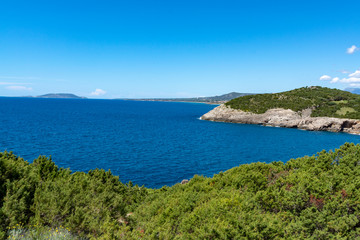 Fototapeta premium Landscape with small greek islands and bays of Navarino on Peloponnese, Greece, summer vacation destination, eco tourism