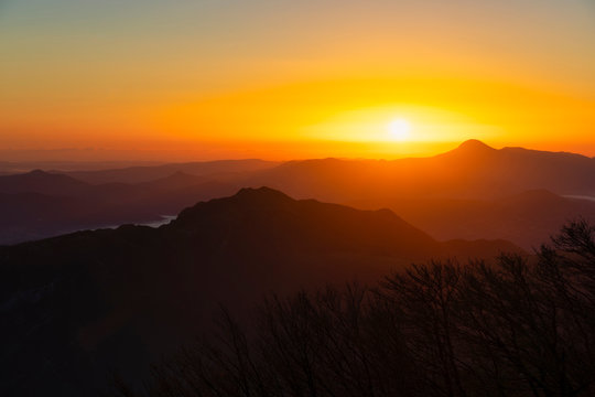 Italy, Umbria, Apennines, sunrise on mount San Vicino seen from mount Cucco Park