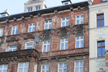 Vintage architecture classical red brick facade building front view