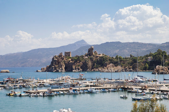 Sicily, Cefalu, Harbor and castle ruin