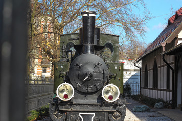 Retro train. Historic train. the train is standing in the museum on the rails