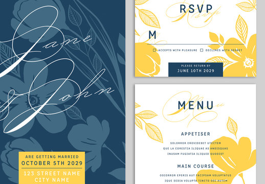 Dark Blue and Yellow Wedding Suite Layout with Floral Graphics