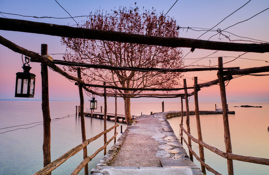 Italy, Punta san Vigilio, Lake Garda, jetty and tree in winter at sunset