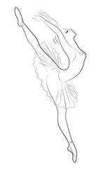 Fototapeta na wymiar Silhouette of a cute lady, she is dancing ballet. The girl has a beautiful figure. Woman ballerina. Vector illustration.