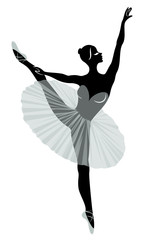 Silhouette of a cute lady, she is dancing ballet. The girl has a beautiful figure. Woman ballerina. Vector illustration. © Nataliia