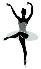 Silhouette of a cute lady, she is dancing ballet. The girl has a beautiful figure. Woman ballerina. Vector illustration. © Nataliia
