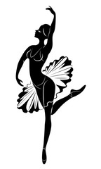 Silhouette of a cute lady, she is dancing. The girl has a beautiful figure. The woman is a young sexy and slim ballerina. Vector illustration.