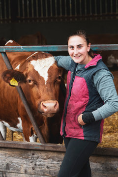 Young woman standing next to Guernsey cow on a farm.,Dairy Farm