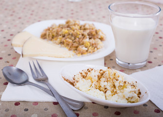 breakfast of cheese, cereal and milk