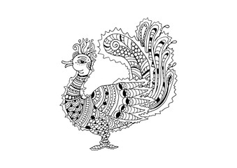 Indian kalamkari style peacock ornamental outline illustration, vector