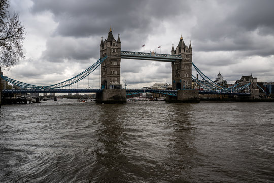 Tower Bridge In London, UK. Cloudy Day And Rain With Beautiful Dramatic Clouds.
