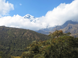 Snow capped Andean peak near Abra Malaga pass in the high Andes of Peru. Part of the Cordillera Vilcanota mountain range.