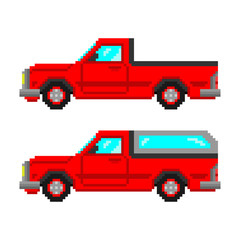 Red pixel pickup truck. Side view. Vector drawing. Isolated object on white background. Isolate.