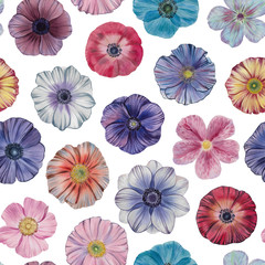 Seamless watercolor flowers pattern. Hand painted flowers of different colors. Flowers for design. Ornament flowers.