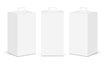Cardboard rectangular boxes with hang tab isolated on white background. Vector illustration