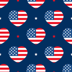 USA flags in the shape of the heart and stars vector seamless pattern background for national american holidays design.