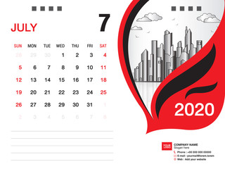 Desk Calendar 2020 template vector, JULY 2020 month, business layout, 8x6 inch, Week starts Sunday, Stationery design, printing media, publication template