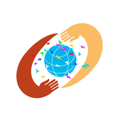 Hands with earth, people of the world holding the globe flat  sticker, poster