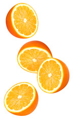 Isolated falling orange fruits pieces. Halves of orange in the air isolated on white background with clipping path 