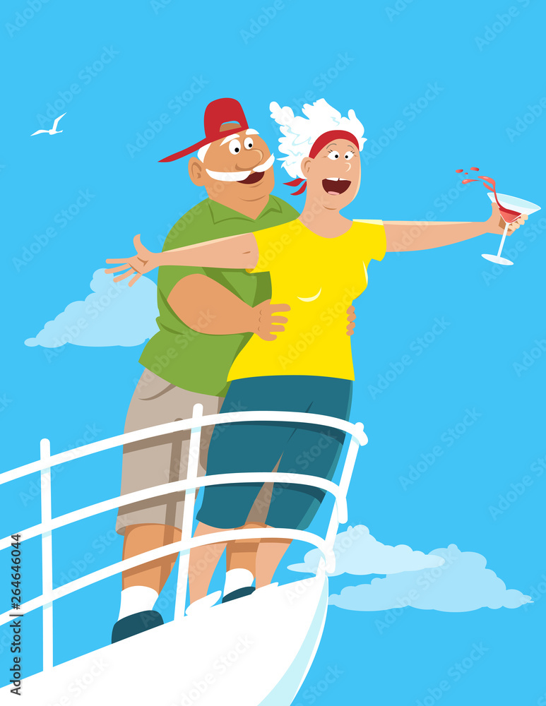 Wall mural happy senior couple recreating a scene from titanic on board of a cruise ship, eps 8 vector illustra