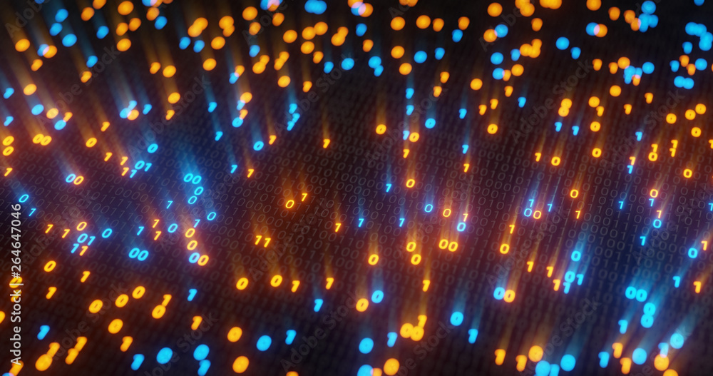 Poster abstract blue and orange digital binary code matrix background with flare. futuristic big data infor