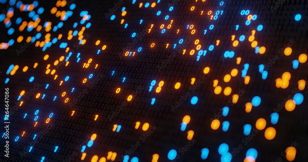 Poster abstract blue and orange digital binary code matrix background with flare. futuristic big data infor