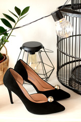 black with a pearl high-heeled shoes elegant leather women's shoes , geometry, light glossy heel shoes