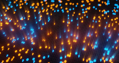 Abstract blue and orange digital binary code matrix background with flare. Futuristic Big data information technology, data center, block chain, server, internet, hi-speed. 3D rendering