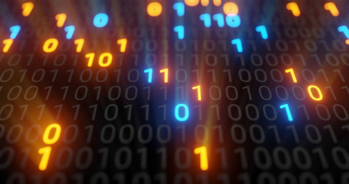 Abstract blue and orange digital binary code matrix background with flare. Futuristic Big data information technology, data center, block chain, server, internet, hi-speed. 3D rendering