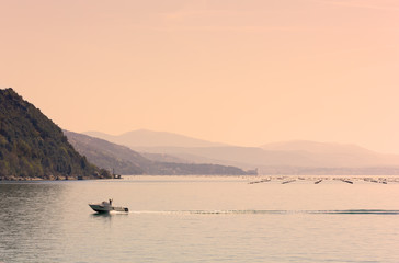 Fototapeta na wymiar Motorboat on the Adriatic Coast near Trieste