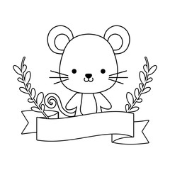 cute mouse animal with ribbon and branches of leafs