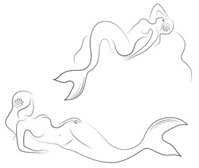 Collection. Silhouette of a mermaid. Beautiful girl lies on a rock. The lady is young and slender. Fantastic image of a fairy tale. Set of vector illustrations