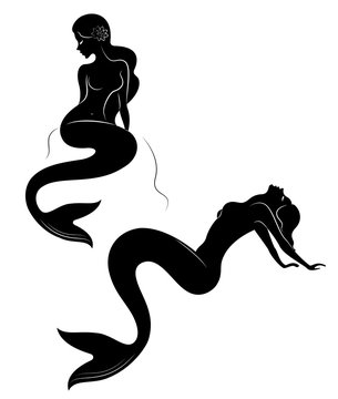 Collection. Silhouette of a mermaid. Beautiful girl lies on a rock. The lady is young and slender. Fantastic image of a fairy tale. Set of vector illustrations
