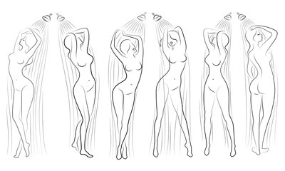 Collection. Silhouette of a cute young lady. The girl washes under a stream of water in the shower. The woman has a slim beautiful figure. Vector illustration set