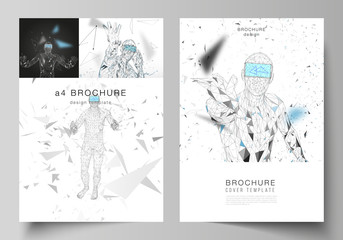The vector layout of A4 format modern cover mockups design templates for brochure, magazine, flyer, booklet, annual report. Man with glasses of virtual reality. Abstract vr, future technology concept.