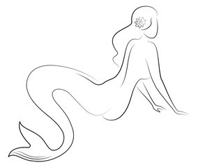 Silhouette of a fairy mermaid. Beautiful girl is sitting on a rock. The lady is young and slender. Vector illustration