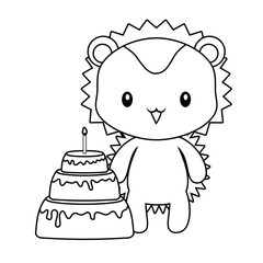 cute porcupine animal with cake of birthday