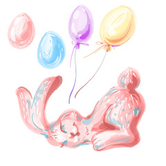 Bunny with ballons watercolor illustration. Kid style hand drawn illustration for greeting or invitation card, nursery and other design purposes.