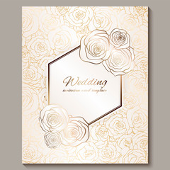 Luxury gold vintage wedding invitation, floral background with place for text, lacy foliage made of roses with golden shiny gradient. Victorian wallpaper ornaments, baroque style template for design