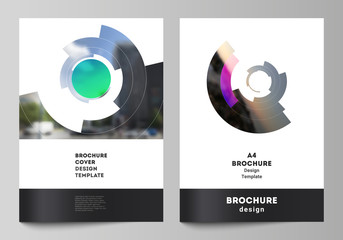 The vector layout of A4 format modern cover mockups design templates for brochure, magazine, flyer, report. Futuristic design circular pattern, circle elements forming geometric frame for photo.
